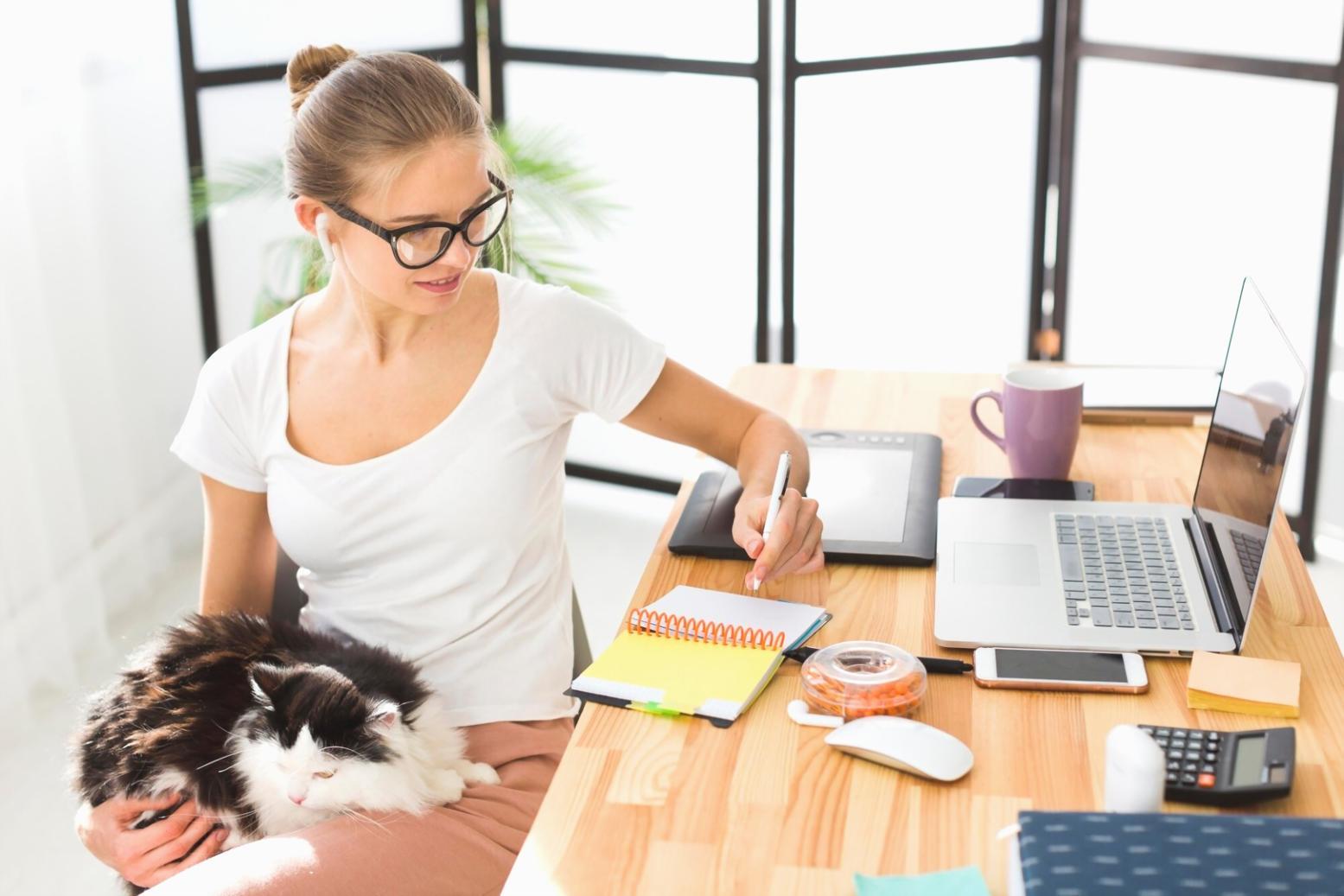 Business owner reviewing financial reports at desk with laptop and documents